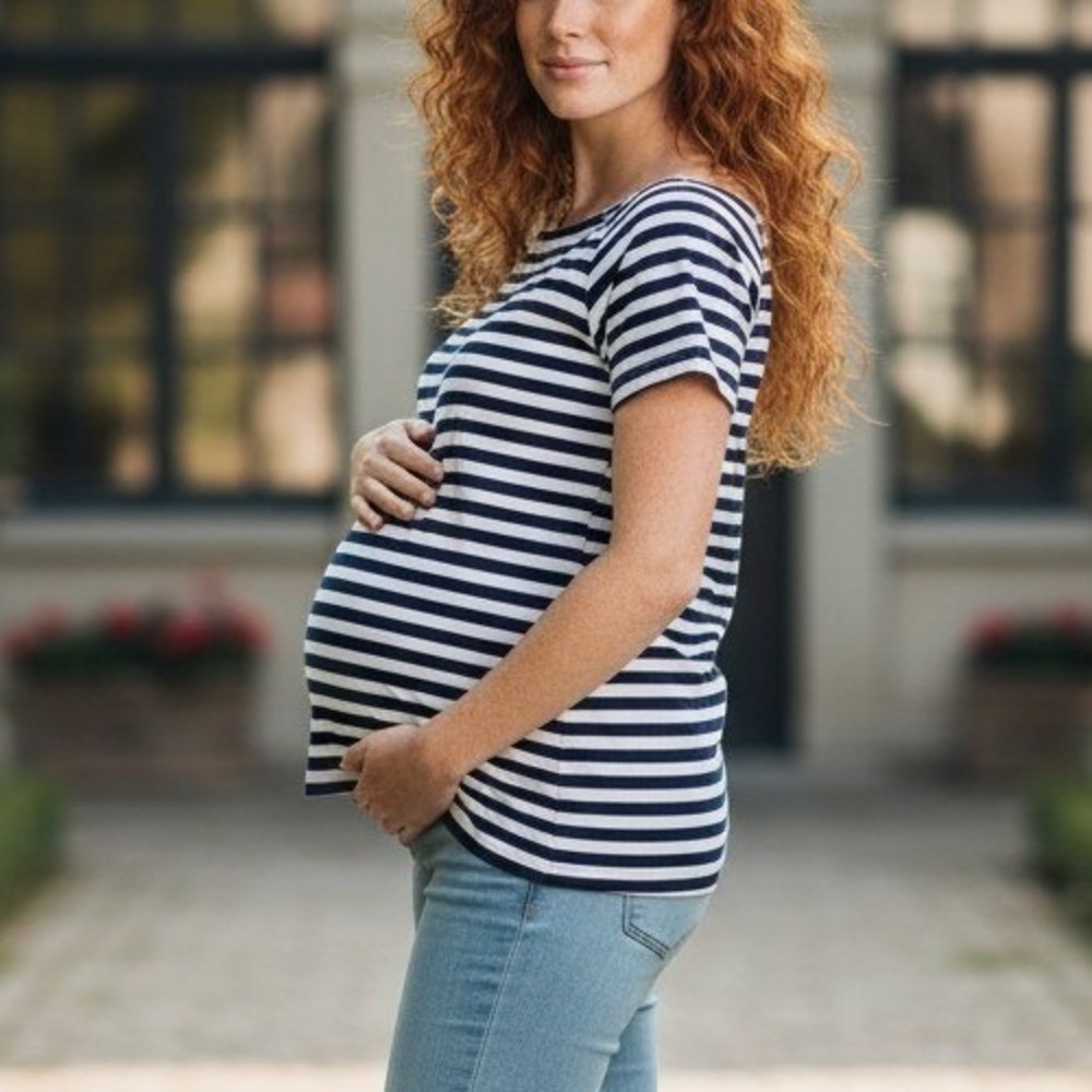 Motherhood Maternity Top XL Blue White Striped Boat Neck Short Sleeve Shirt